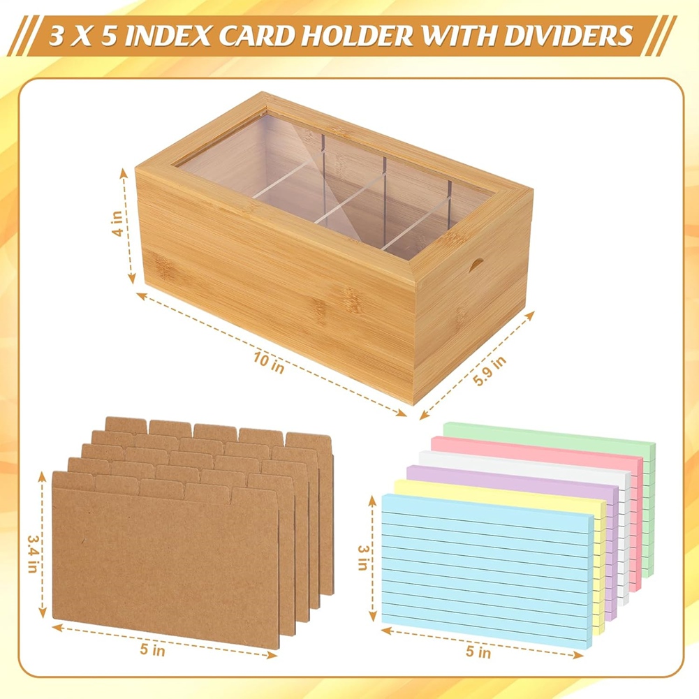 Card Index Box - ABUA竹製インデックスカードオーガナイザー、3x5インチインデックスカードホルダーボックス（仕切り付き）、蓋付きレシピボックス、1200枚のカードに対応する4つのコンパートメント