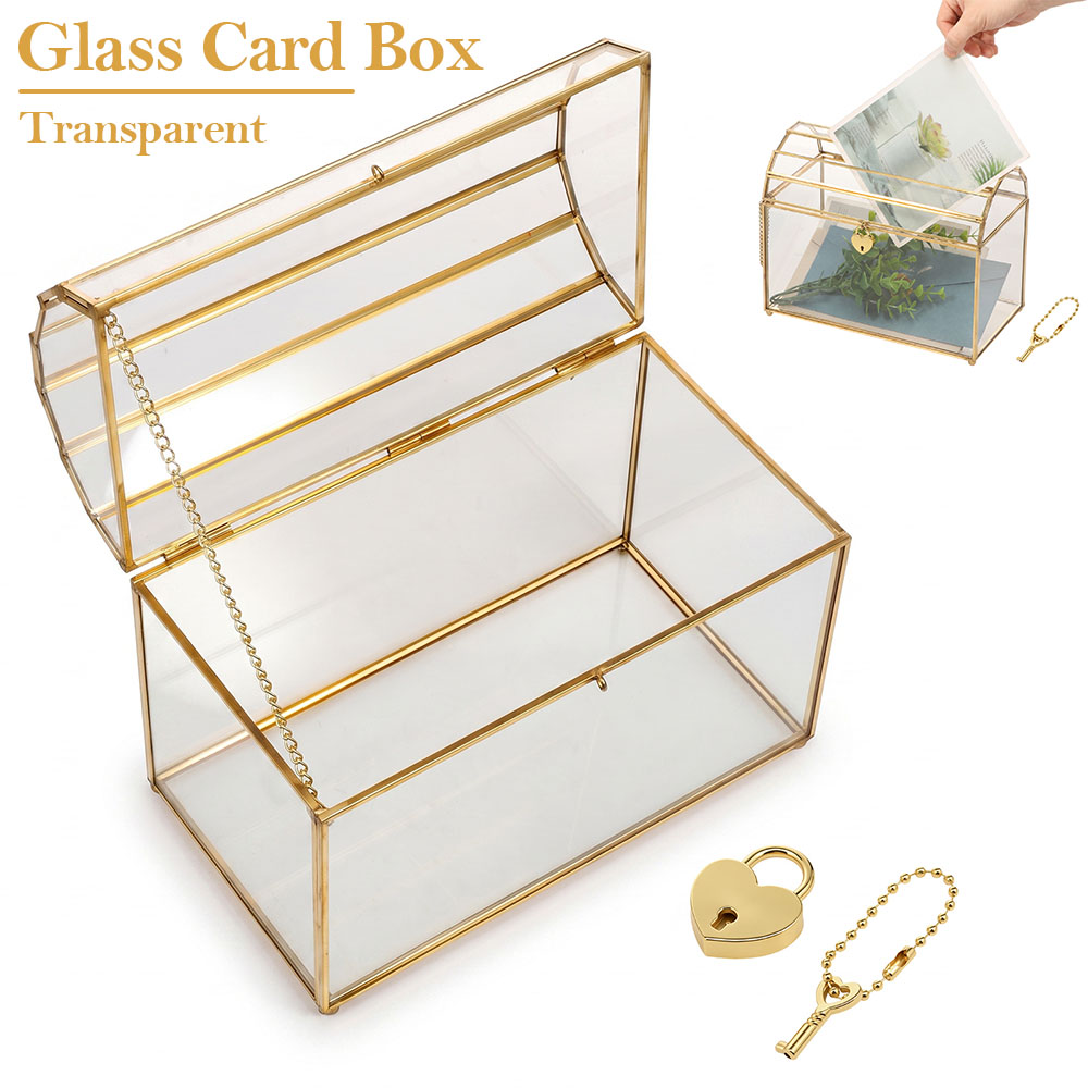 Card Index Box - ガラス製ウェディングカードボックス、クリアな装飾収納ボックス、ハート型の鍵とスロット付き、大容量ゴールドメッセージボックス、パーティーの受付用